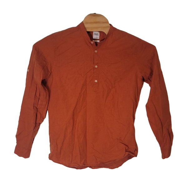 Zara Pull Over Shirt Orange 4 Button Round Neck Men's Size Medium - Picture 2 of 4